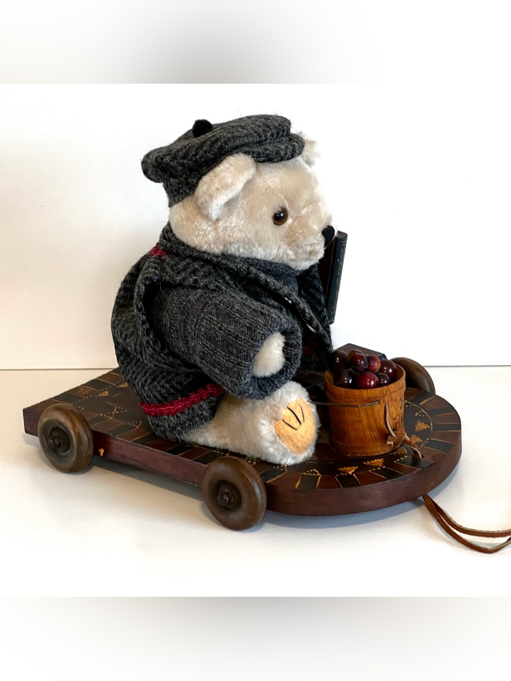 Vtg. Teddy Bear In Outfit On Tole Painted Cart with Books -Handmade Hand Painted
